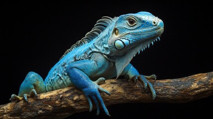 Obraz premium Blue Iguana sitting on branch with black background, blue Iguana Cyclura Lewisi, Grand Cayman Blue Iguana