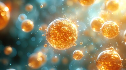 A dense cloud of golden bubbles floating above a bed of transparent skin cells