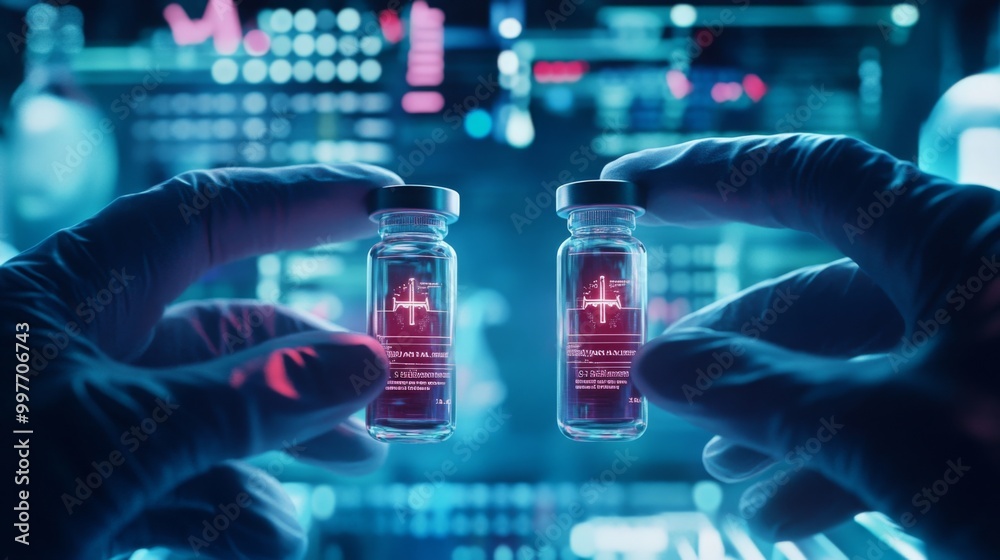 Aufkleber two hands carefully hold transparent vials filled with a luminous red liquid, surrounded by intricat