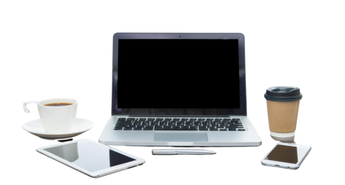 Workspace Essentials Laptop, Smartphone, Notebook, and Coffee on a Crisp White Background