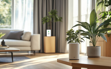 a small living room with plants and a coffee table, a sofa in the background