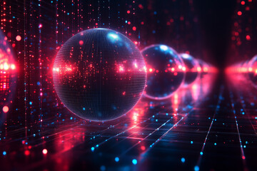 Obraz premium A 3D digital render of quantum bits (qubits) suspended in an abstract grid