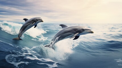 Naklejka premium Two Dolphins Leaping Through Waves