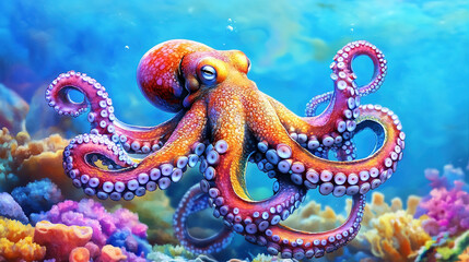 World Octopus Day. Octopus in the sea. Cute octopus in an underwater coral reef. Colorful octopuses in anemones on the background of coral reefs. Beautiful octopus underwater. Copy space area