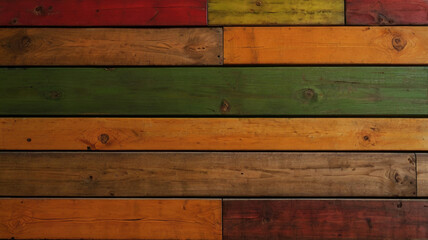 Vibrant diagonal wooden planks in rich hues of orange, yellow, green, and red