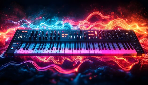 A colorful synthesizer keyboard, glowing with neon light and surrounded by swirling, vibrant sound waves