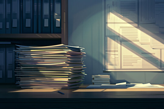 Flat Design of a Stack of Papers on a Desk &ndash; Side Lighting Creates Beautiful Shadows Along the Edges, Perfect for Inspiring Office Environments and Business Presentations