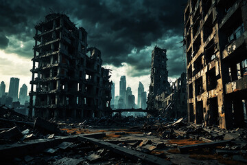 Fototapeta premium A ruined city. Destroyed buildings, destroyed roads, blown up skyscrapers. The concept of the apocalypse