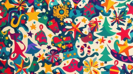 Brightly colored abstract design showcases Christmas elements such as trees, stars, snowflakes, and gifts creating a festive atmosphere. Generative AI