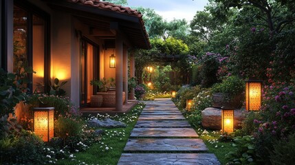 Serene garden pathway illuminated by lanterns at twilight.