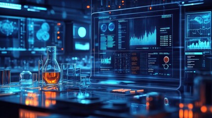 Obraz premium Caduceus symbol rendered in high resolution on a white laboratory workbench, with a background of high-tech scientific equipment and a clean, organized setting.
