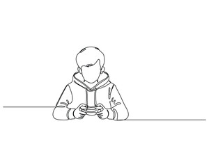 A continuous line drawing of a boy in a hoodie playing a mobile game console, highlighting the integration of modern technology and gaming in everyday life