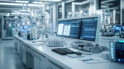 A clean and organized flyer design set in a blue health science laboratory environment, featuring a scientist working with a digital tablet displaying research data