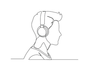 A side view of a man wearing headphones. continuous line drawing of a modern audio technology and personal listening experiences.