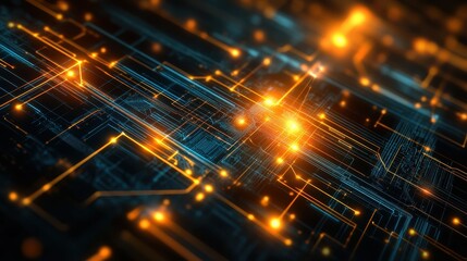 Fototapeta premium Abstract Digital Circuitry with Glowing Orange Lines and Blue Highlights