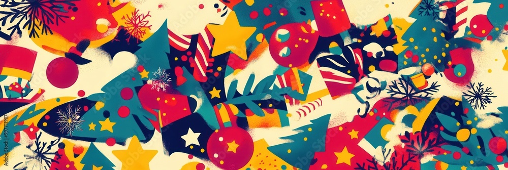 Aufkleber This colorful abstract design blends various Christmas symbols, creating a lively festive atmosphere filled with joy and warmth. Generative AI