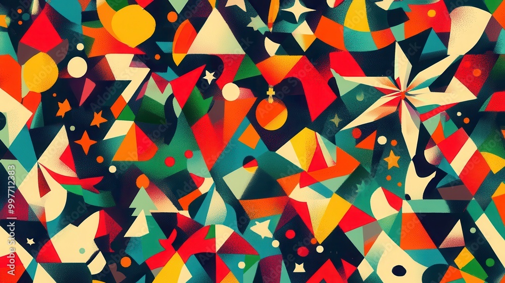 Poster this artwork showcases a lively abstract pattern filled with christmas elements such as trees, stars