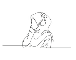 Young Muslim woman wearing a hijab, listening music through headphone. Simple hand drawn style continuous line drawing in technology theme illustration, symbolizing relaxation or deep listening.