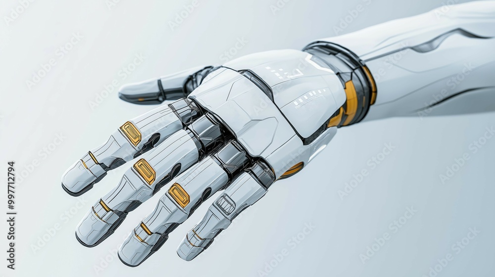 Poster close-up of futuristic mechanical arm performing complex tasks, advanced systems in development with