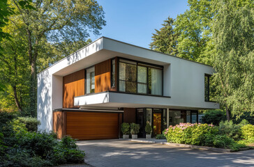 A modern white and wood house with a large garage, surrounded by trees in the Netherlands on a sunny day