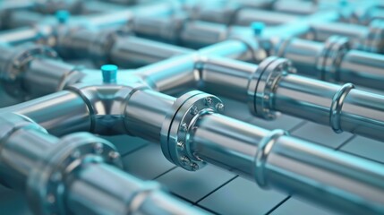 An intricate network of chrome or silver pipelines in a chemical facility, refining concept, or scifi style setting.