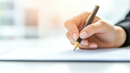 A closeup of a businesswomans hand writing notes in a professional office, emphasizing focus and productivity.