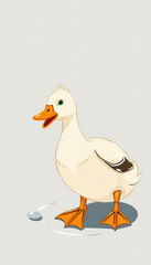 A white duck is standing on a log in a pond