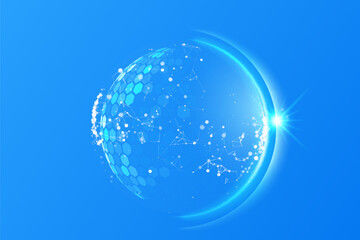 Glass transparent protection sphere shield. Sphere shield with hexagon pattern on blue background. Bubble shield in the form of a force energy field. Protection and safety concept.