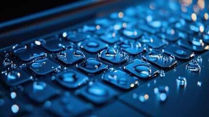 Night macro shot of a backlit laptop keyboard with water droplets, highlighting tech care and moisture control.