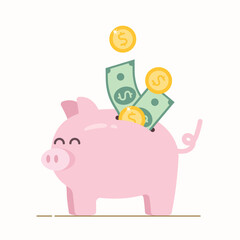 Piggy bank with coin and bill. Money with dollar coins. Income and bonus concept. piggy bank with cash concept.