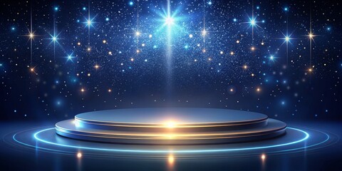 Gleaming Three-Tiered Circular Podium on Cosmic Night Sky Background - Luxurious Event Display with Futuristic Ambiance