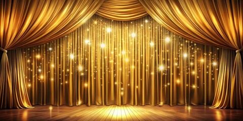 Golden Curtain Stage Setting with Shimmering Stars and Warm Illumination, Luxurious Theatrical Elegance for Special Events and Celebrations