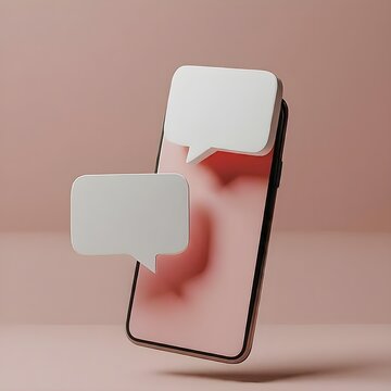 White blank speech bubble on smartphone against soft pink background. AI generated.