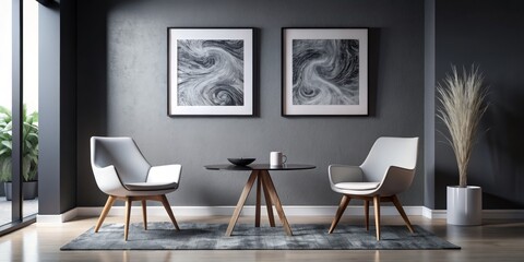 Modern Minimalist Living Room Interior with Symmetrical Design, Serene Atmosphere, and Contemporary Decor Elements Tranquil Home Space with White Chairs, Coffee Table, and