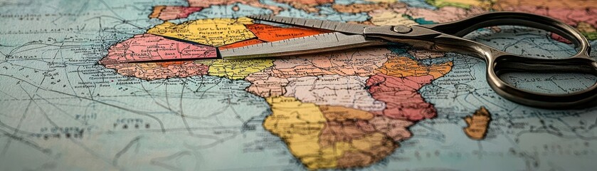 Obraz premium International shipping routes on a map cut by scissors labeled trade embargo, trade barrier, sanctions