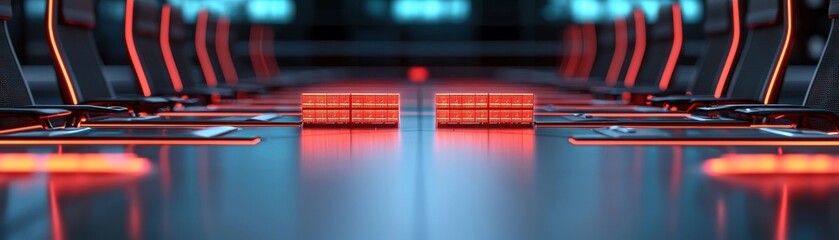 Modern conference room with sleek design and vibrant lighting