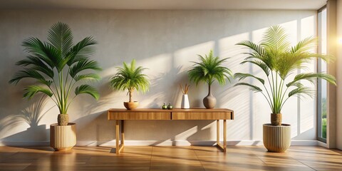 Fototapeta premium Tranquil Minimalist Interior Design with Wooden Console Table, Warm Sunlight, and Green Accents in Neutral Palette - Serene Home Decor Space