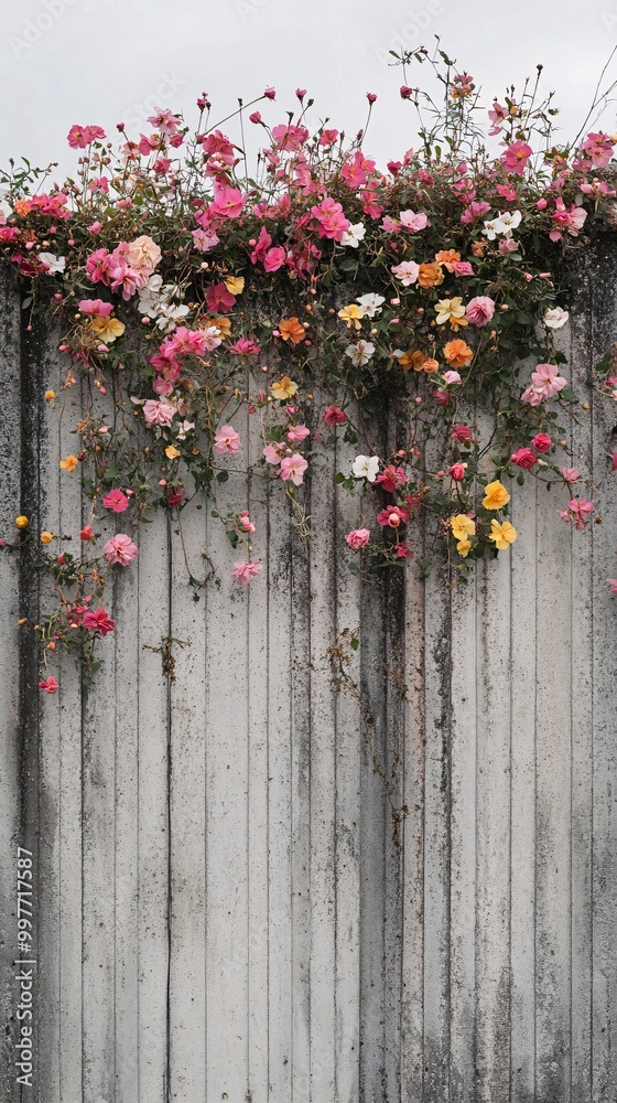 Wall mural colorful flowers on a wooden fence.