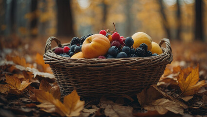 Image of fresh fruits in a basket, AI generated