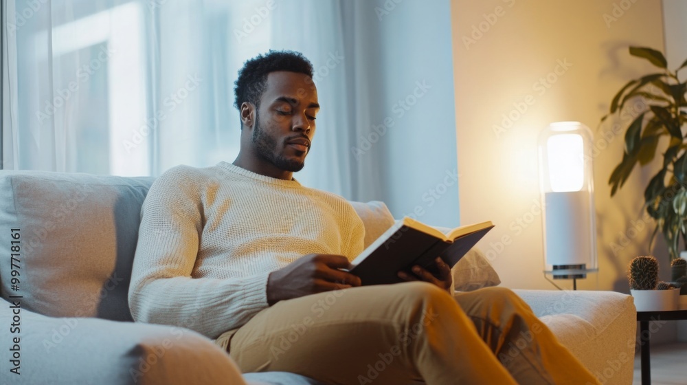 Aufkleber A man in comfortable attire is deeply engaged in reading a book while seated on a plush sofa. A warm light glows from nearby, creating a peaceful ambiance in the bright room.
