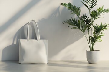 Minimalist White Tote Bag with Green Plant