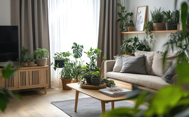 A living room with plants, a sofa, and a coffee table in the foreground, a white fabric couch behind it, and grey curtains on one side of the window, with a wooden floor.