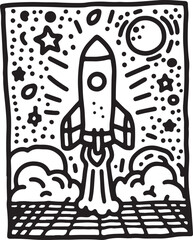 a rocket ship blasting off from a pad, with smoke line art silhouette design vector art illustration