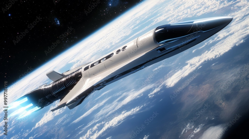 Poster a white spacecraft with a black engine is seen flying through the sky. it is above the clouds and ag