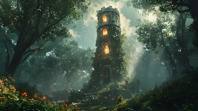 A magical wizards tower in a mystical forest ai generated illustration. Wizard's Tower. Illustration