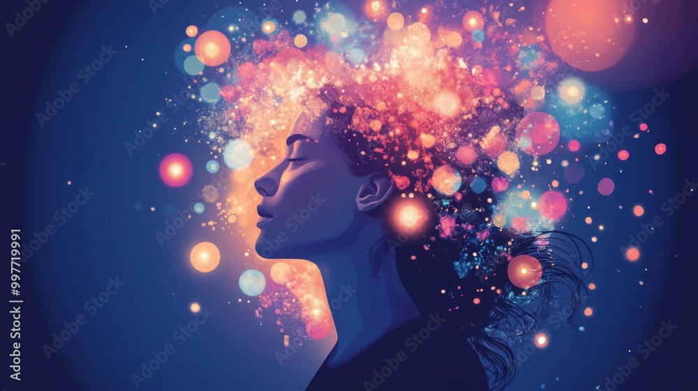 Poster the image features a woman in profile, her eyes closed, surrounded by a burst of colorful lights and