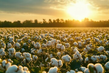 Fototapeta premium Sustainable cotton grown in pesticide-free fields, bright, healthy agricultural setting, organic cotton farming, eco-friendly textile production