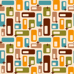 Retro Atomic oval capsules starbursts orange brown teal Raster pattern. Mid-century modern style Atomic capsules seamless vector pattern.