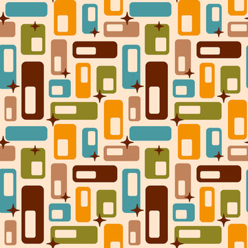 Retro Atomic oval capsules starbursts orange brown teal Raster pattern. Mid-century modern style Atomic capsules seamless vector pattern.