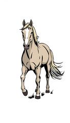 Fototapeta premium A brown horse is running through a field with a blue sky in the background